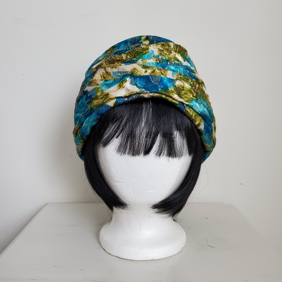 50s 60s Vintage Union Made Metallic Gold Garden Print Turban Hat - Picture 3 of 13